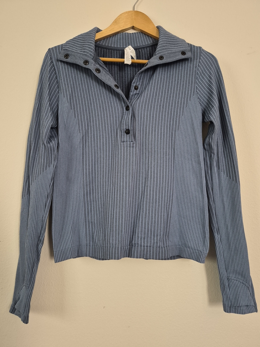 Athleta Blue Striped Quarter Snap Long Sleeve Top Size S